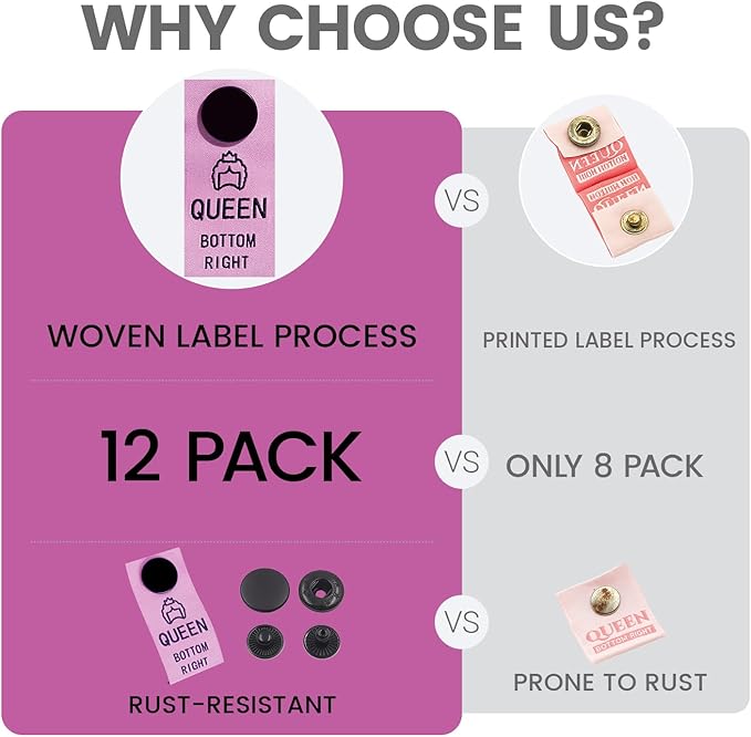 SheetSnaps Queen Sheet Labels – 12-Pack Pink Snap-On Sheet Size Tags – Easy Bed-Making & Linen Closet Organization – Machine Washable Sheet Markers for Queen Bedding