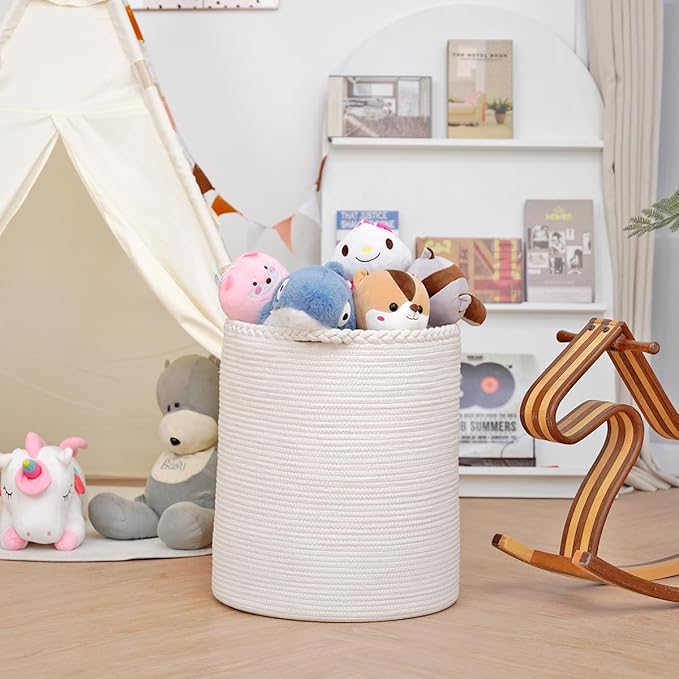 90L Oversize Woven Laundry Basket,Cotton Tall Laundry Hamper for Blankets,Clothes,Pillows,Toys,Shoes Large Laundry Bin White