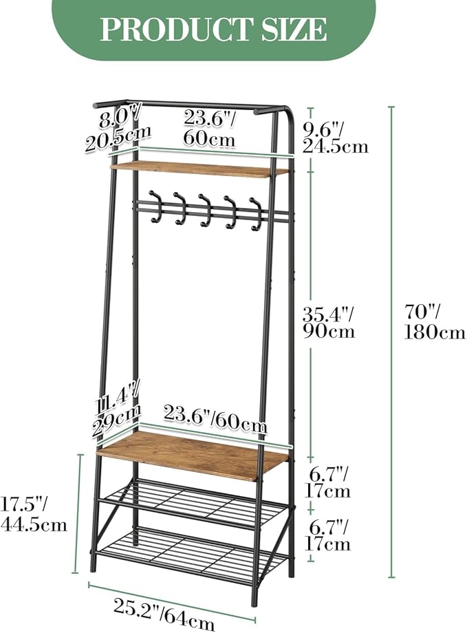 GAOMON Coat Rack, Hall Tree with Shoe Storage Bench, 3-in-1, Multifunctional Hallway Organizer, Shoe Storage with Coat Rack Stand, 5 Hooks, for Entryway