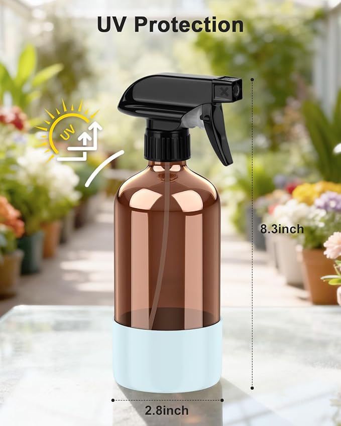 Amber Glass Spray Bottle with Silicone Sleeve Protection, 16 oz Refillable Spray Bottle for Cleaning Solutions, Plants, Aromatherapy, Facial Hydration (Blue Sleeve(Amber Bottle)