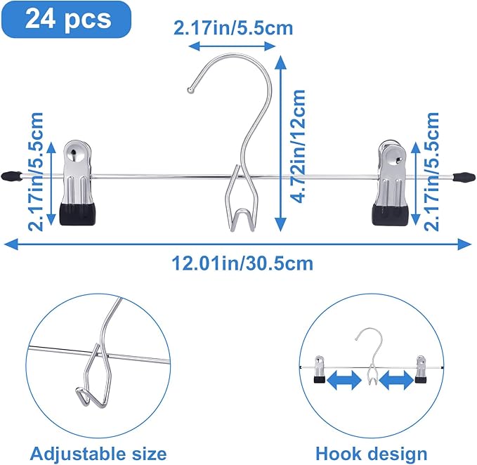 24PCS Pants Hangers with Clips, Heavy Duty Adjustable Space Saving Skirt Clips Stackable Non-Slip Metal Hanging Closet Organizer College Dorm Apartment Room Essentials for Shorts Jeans Trousers