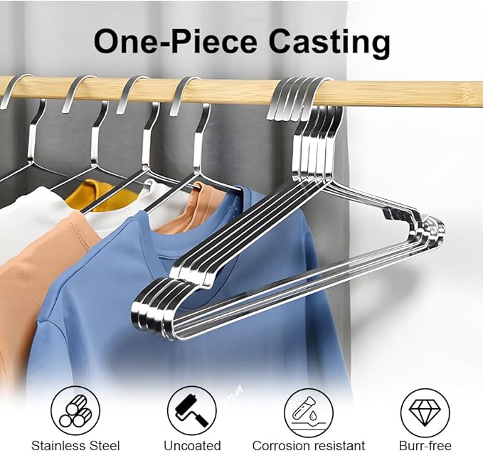 Koja Premium 16.5 inch 304 Stainless Steel 8.0mm Clothes and Coat Hangers, Heavy Duty Metal Hangers, Non-Slip, Space-Saving, Durable Closet Organizer for Shirts, Jackets, Suits, Pants 10-Pack