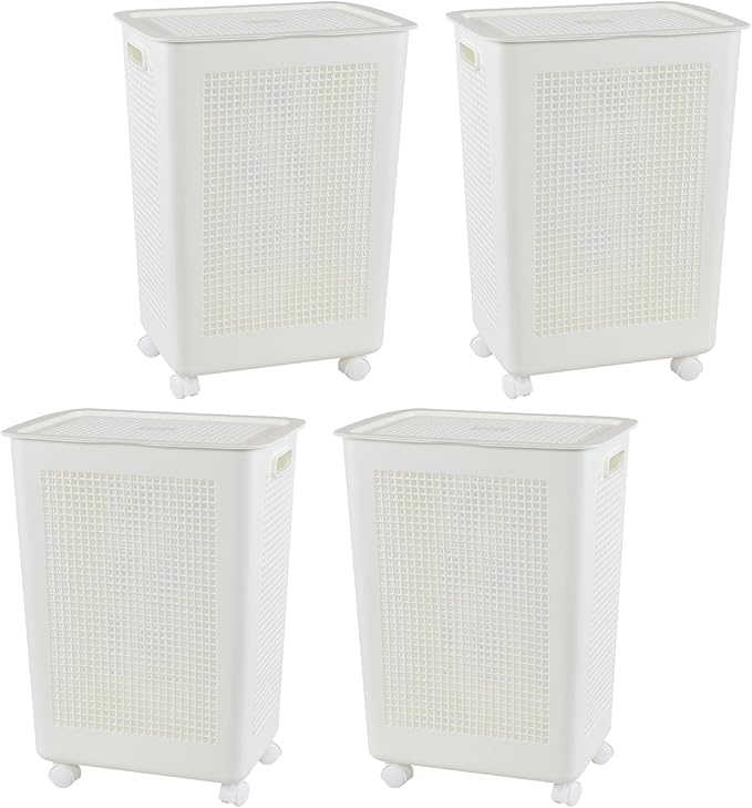 4-Pack 65 L Plastic Slim Laundry Hamper with Lid, Wheels and Pull Handles, Large Tall Laundry Basket, White