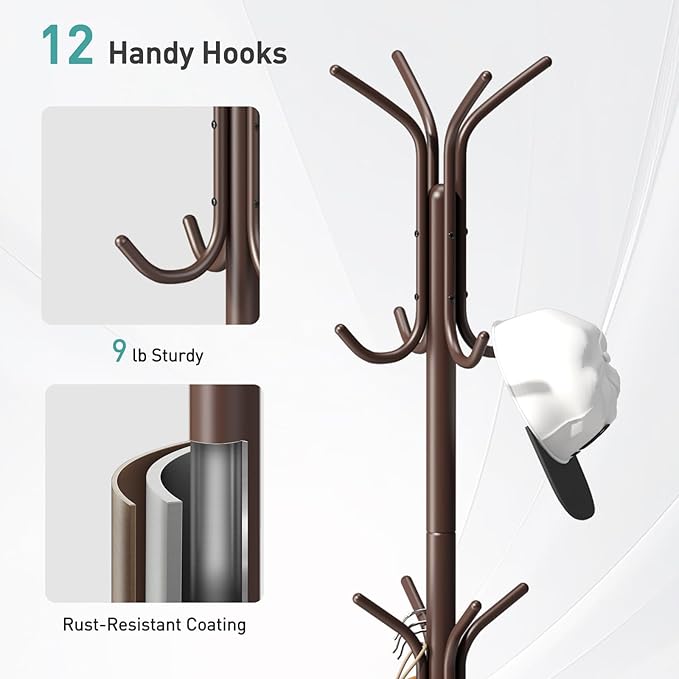 Coat Rack with Umbrella Holder, Metal Coat Rack Stand with 12 Hooks, for Entryway, Hallway, Living Room, Bedroom
