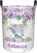 Purple Floral Elephant Personalized Laundry Hamper Custom with Name Collapsible Waterproof Storage Basket with Handles for Bedroom Decor Gift.