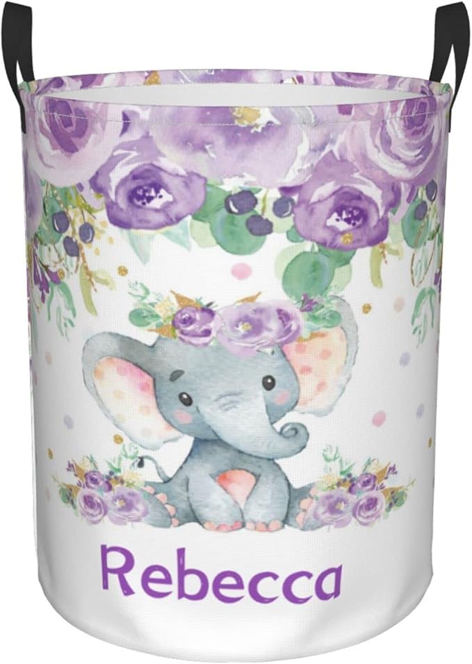 Purple Floral Elephant Personalized Laundry Hamper Custom with Name Collapsible Waterproof Storage Basket with Handles for Bedroom Decor Gift.