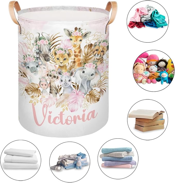Personalized Laundry Basket, Custom Gift Laundry Hamper, Collapsible Nursery Waterproof Laundry Baskets, Dirty Clothes Toy Hamper with Handles Gold Boho Safari Animals