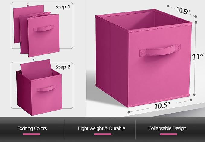 Sorbus Foldable Storage Cubes - 6 Pink Storage Bins for Organizing Pantry, Closet, Shelf, Nursery, Playroom, Toy Box, Cubby - 11 Inch Collapsible Fabric Baskets with Handle