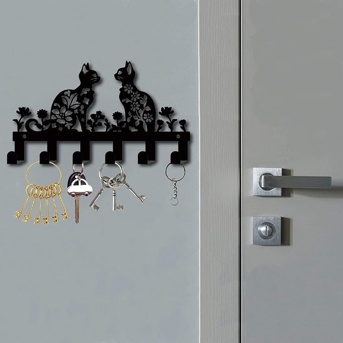 CREATCABIN Wall Mounted Key Hanger Metal Key Holder Organizer with 6 Hooks Decorative Cat Flower Black Towel Coat Organizer Storage Rack Wall Art Decor for Entryway Front Door Bathroom 10.6 x 6.3 Inch