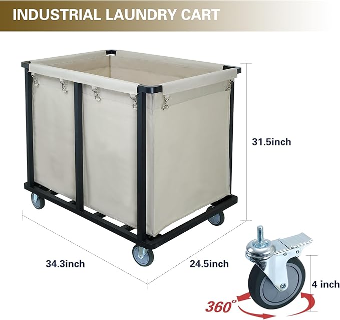 Commercial Laundry Cart with Wheels,600 lbs Heavy Duty Laundry Cart with Steel Frame and Oxford Cloth Bag,Industrial Laundry Cart with Wheels for Hotel,Housekeeping,400L(Beige)