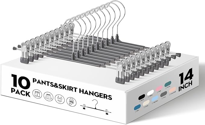 10PACK 14Inch Pants Hangers with Clips Adjustable Skirt Hangers for Women Metal Non-Slip Trousers Hanger Heavy Duty Space Saving Clothes Hanger for Shorts,Jeans,Gray