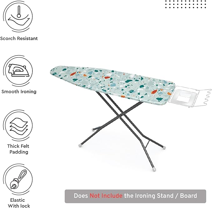 Encasa XO Ironing Board Cover and Pad - Thick 4mm Felt, Heat & Scorch-Resistant, Fits Standard Large Boards 54"x15", Elastic Bungee Cord Tightening, Easy Fit, Stain-Safe Dye, Terrazzo Mint