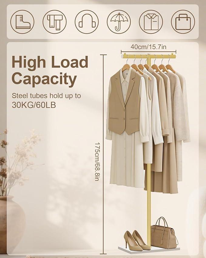 T-shaped Coat Rack Freestanding, Modern Clothes Rack with Rock Slab Base, Heavy-duty Metal Coat Tree for Boutiques, Hallway, Entryway, 68.9 Inches High, Golden Yellow, GYJ001WJ