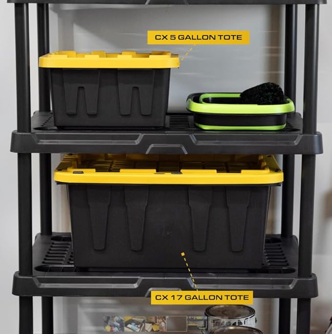 BLACK & YELLOW, 5-Gallon Heavy Duty Storage Bins with Lids, Stackable Plastic Storage Bins with Weather-Resistant Design, Home Organization, 6 Pack (8.6"H x 12.3"W x 16.4"D)