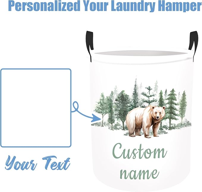 Personalized Woodland Bear Laundry Basket for Kids, Custom Name Baby Laundry Hamper for Nursery, Customize Baby Name Laundry Basket, Waterproof Storage Organizer 2 Sizes