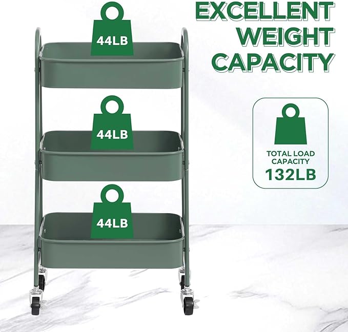 AGTEK 3 Tier Utility Rolling Cart with Lockable Wheels, Metal Multifunctional Storage, Organizer Cart for Kitchen, Office, Living Room, Makeup, Craft, Art Studio, Olive Green