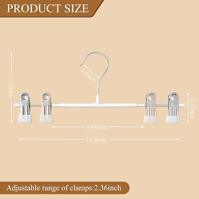 10 Pack 12Inch Heavy Duty Pants Skirt Hangers with Clips,Metal Trousers Hanger for Jeans White Non Slip Women Shorts Hangers Saving Space Clothing Hanger for Adult,Men,Children,Kid,Baby