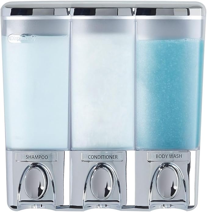 Better Living Clear Choice Shower Dispenser 3 Chamber, Wall Mount Shower Soap Pump Dispenser for Bathroom Hotel Body Wash, No Drill Adhesive, Waterproof Dispenser, 3 x 14.2 oz, Chrome
