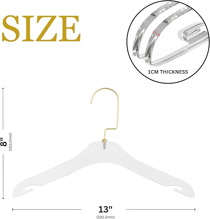 HomeCube USA Clear Acrylic Clothes Hangers with Gold Hooks – Heavy Duty Lucite Design, Elegant & Sturdy for Sweaters, Suits, Jackets, Shirts, Dresses & Boutique Use (20, Small 13")
