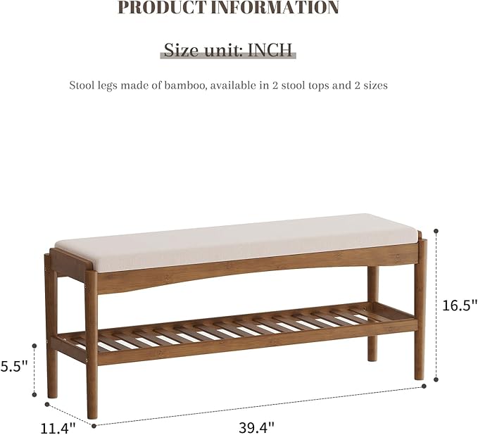 Shoe Bench Entryway Bamboo 2-Tier Shoe Rack with Cushion Padded Seat Shoe Bench Organizer Stable for Entry, Hallway, Living Room, Bedroom, Closet (39.4 * 11.4 * 16.5IN, Brown-Beige)