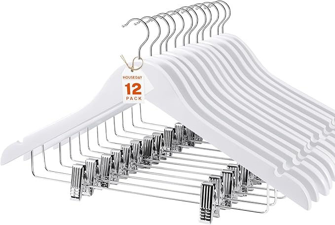 HOUSE DAY Wooden Hangers with Clips 12 Pack, Heavy Duty White Wood Pants Hanger, Premium Skirt Hanger with Adjustable Clips, Solid Clip Hangers for Suit, Blouse, Dress, Coat, Jacket, Bottom
