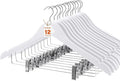 HOUSE DAY Wooden Hangers with Clips 12 Pack, Heavy Duty White Wood Pants Hanger, Premium Skirt Hanger with Adjustable Clips, Solid Clip Hangers for Suit, Blouse, Dress, Coat, Jacket, Bottom