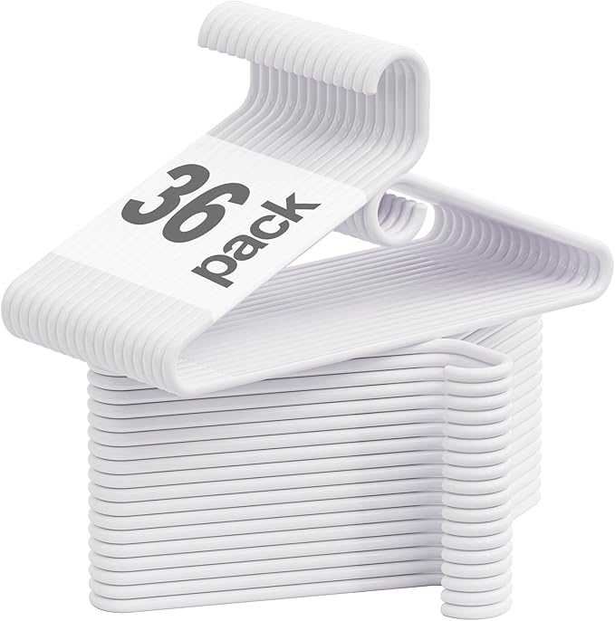 Heavy Duty Plastic Hangers 36 Pack, White Plastic Hangers for Standard Size Clothes with Hook & Non-Slip Pants Bar for Shirts, Pants, Coat, Dresses, Jackets, Scarves and Belts