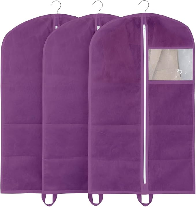 50" Garment Bags for Hanging Clothes, Pack of 3 Suit & Dress Covers for Storage and Travel, Long Gown Bags with Zipper, Plum Purple