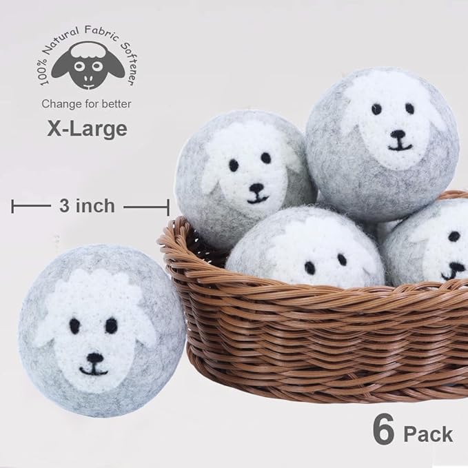 Wool Dryer Balls Organic XL 6-Pack, 100% New Zealand Chemical Free Fabric Softener for 1000+ Loads, Baby Safe & Hypoallergenic, Reduce Wrinkles & Shorten Drying Time Naturally (Grey Sheep)