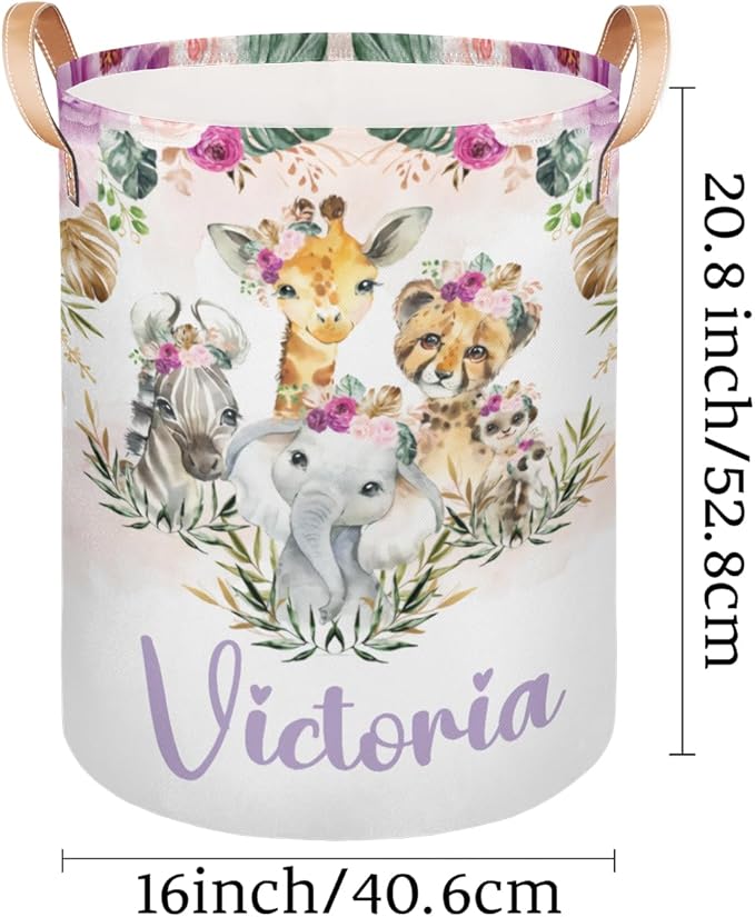 Personalized Laundry Basket, Custom Gift Laundry Hamper, Collapsible Nursery Waterproof Laundry Baskets, Dirty Clothes Toy Hamper with Handles Boho Jungle Animals
