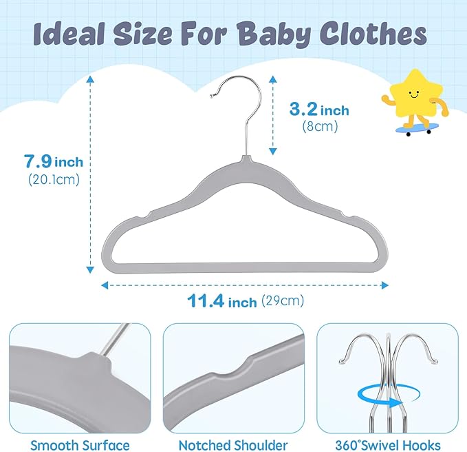 HOUSE DAY 11.4 Inch Baby Hangers 50 Pack - Plastic Kids Hangers Space Saving Thin Profile, Children Closet Organizers with Rotatable Hook of 360°, Heavy Duty for Toddler Clothes Nursery - Gray