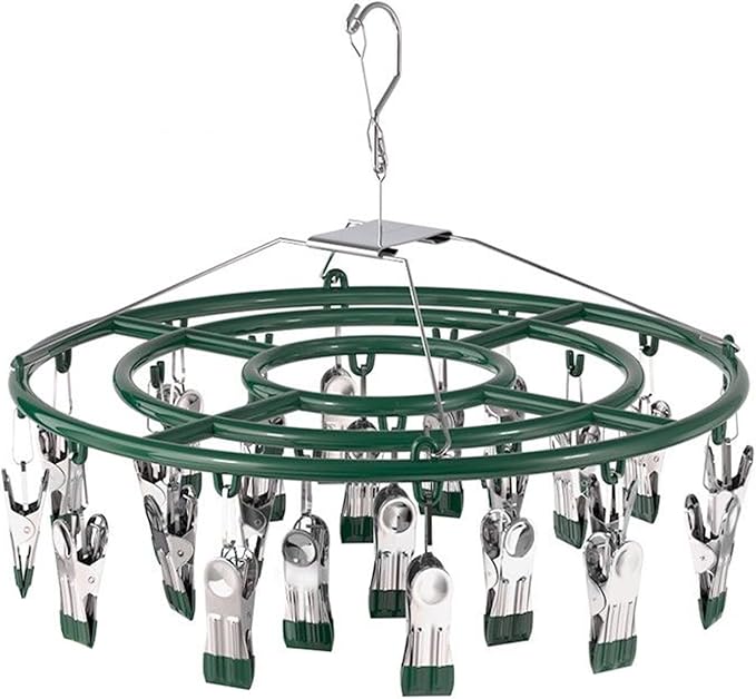 Stainless Steel Coat Sock Drying Rack with 24 Clips, Swivel Hook Windproof Clothes Hanger Rack for Sock Bras Towel Underwear Hat Scarf Gloves Pants Laundry Clothes (Emerald Green Clips)