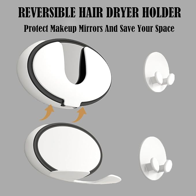 Foldable Hair Dryer Holder Wall Mount,Hair Blow Dryer Rack with Mirror,Adhesive Hair Dryer Storage,Hair Tool Organizer for Curling Iron,White Hair Dryer Support and Hair Dryer Shelf
