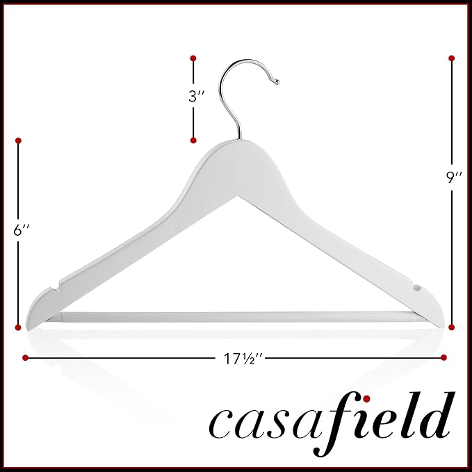 Casafield - 10 White Wooden Suit Hangers - Premium Lotus Wood with Notches & Chrome Swivel Hook for Dress Clothes, Coats, Jackets, Pants, Shirts, Skirts