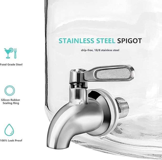 Glass Drink Dispenser for Parties, 1 Gallon Water Dispenser with Stainless Steel Spigot and handle,Glass Water Dispenser Countertop for Weddings, Lemonade & Laundry Detergent Dispenser (2Pack)