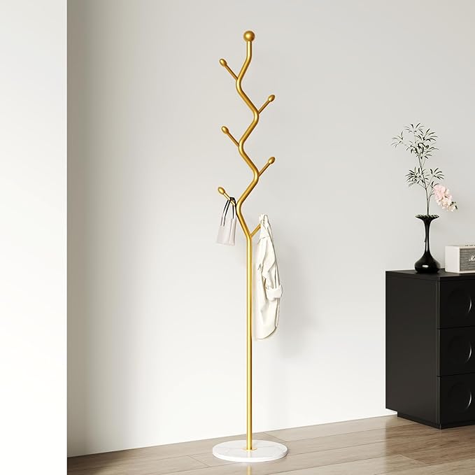 Creative Tree Branch-Look Gold Coat Rack Freestanding with 6 Hooks & Sturdy Marble base Metal Clothes Hanger Stand for Entryway/Mudroom/Bedroom/Hallway/Home Office (gold)
