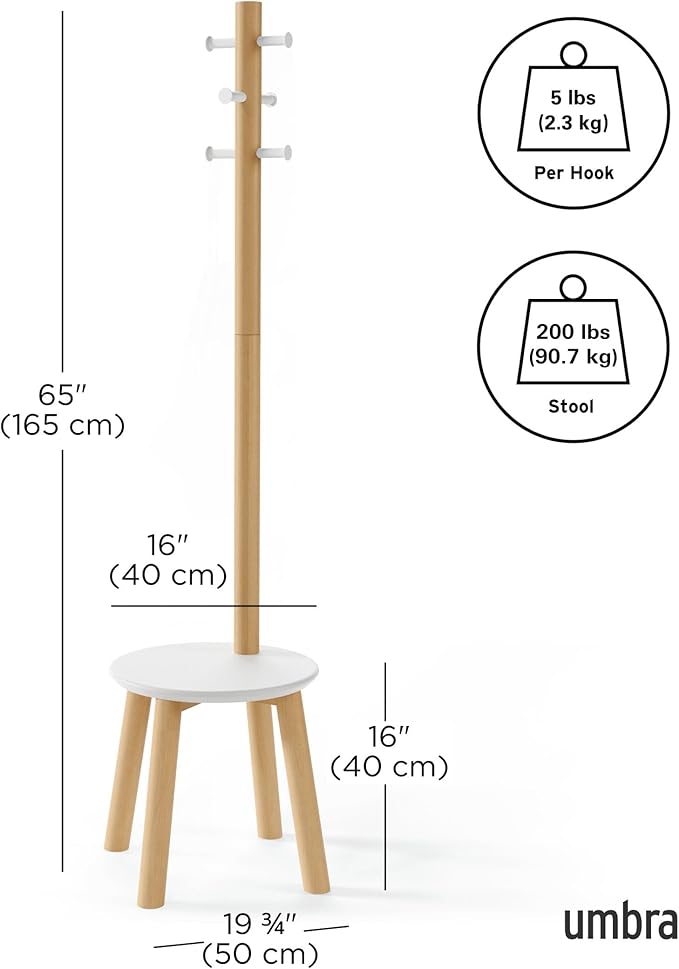 Umbra Pillar Coat Rack, Stool, Clothing Organizer, Umbrella Holder and Hat Organizer, Great for Entryway, White/Natural