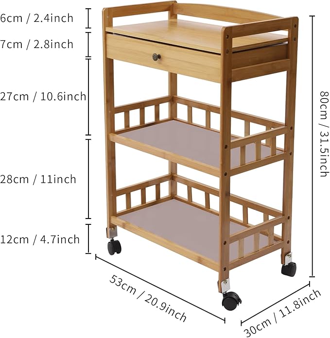 3 Tiers Bamboo Home Rolling Kitchen Trolley w/Storage Drawer Stand, Bamboo Kitchen Storage Cart, Natural Appearance, Rounded Corners, for Kitchen, Bathroom,Laundry,Living Room