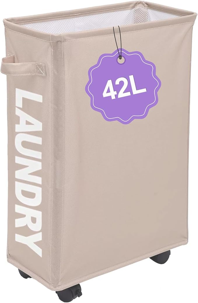 Slim Rolling Laundry Hamper with Wheels, 42L Collapsible Narrow Laundry Basket with Drawstring Mesh Cover, Foldable Dirty Clothes Organizer for Bathroom, Dorm, Small Spaces, Khaki