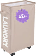 Slim Rolling Laundry Hamper with Wheels, 42L Collapsible Narrow Laundry Basket with Drawstring Mesh Cover, Foldable Dirty Clothes Organizer for Bathroom, Dorm, Small Spaces, Khaki