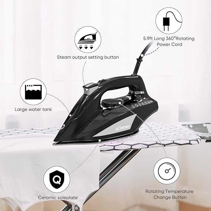 Steam Iron for Clothes Portable Anti Drip Clothes Iron Steam with Non Stick Ceramic Soleplate Auto-Off Self-Cleaning Function Travel Iron with Visible Water Tank for Home (1700W Black)