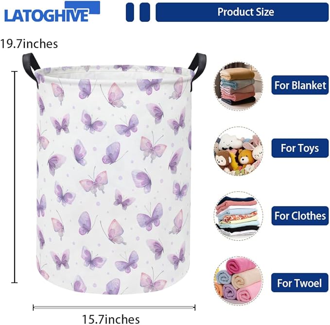 Baby Laundry Hamper kids laundry Basket Waterproof Storage Bin for Bedroom Toy Clothes Organizer Basket Woodland Animals Room Décor(Purple Butterfly)