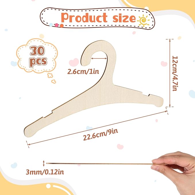 30 Pcs Baby Hangers, 9 x 4.7 Inch Baby Clothes Hangers Cute Non Slip Kids Wooden Hanger for Babies, Toddlers and Children's Coats, Dresses, Pants and Jackets (Wood Color)