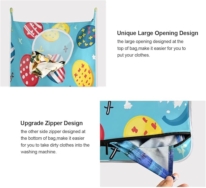 Hanging Laundry Hamper Over the Door with Stainless Steel Hooks Rack Dirty Clothes Wall Mounted Hamper Basket Bag 29.5X20inch Blue Easter Eggs and Nails1