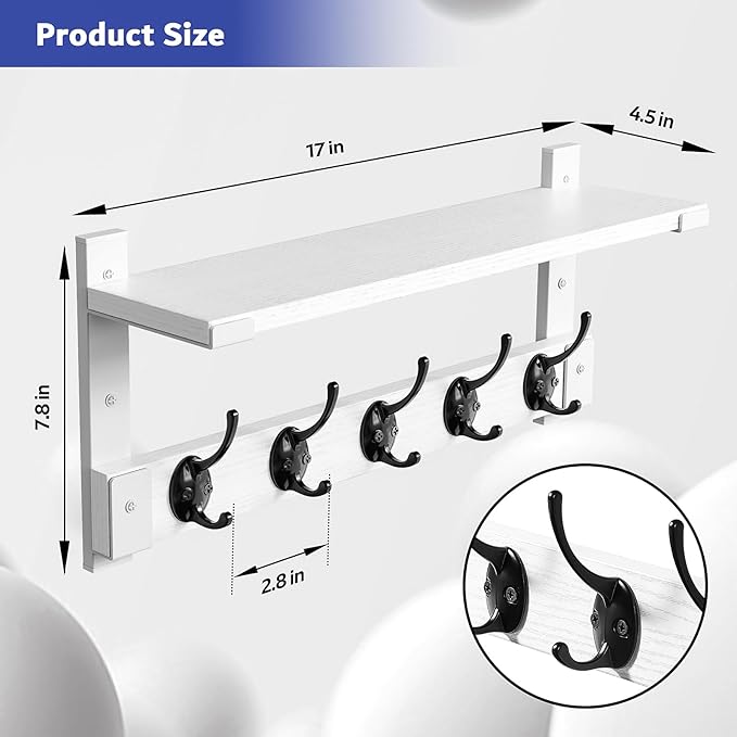 Wall Hooks with Shelf, Coat Rack Wall Mount for Coat Backpack Key Clothes Hanger, Wall Floating Shelf Hanging in Entryway, Living Room, Bathroom, Bedroom, Kitchen(White)