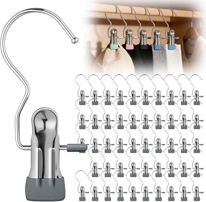 50 Pcs Heavy Hanger Clips for Closet, Multi Functional Clips with Hook for Hanging Clothespin, Hook Hangers with Clips for Clothes Pants Hats Socks and Boots (Gray)