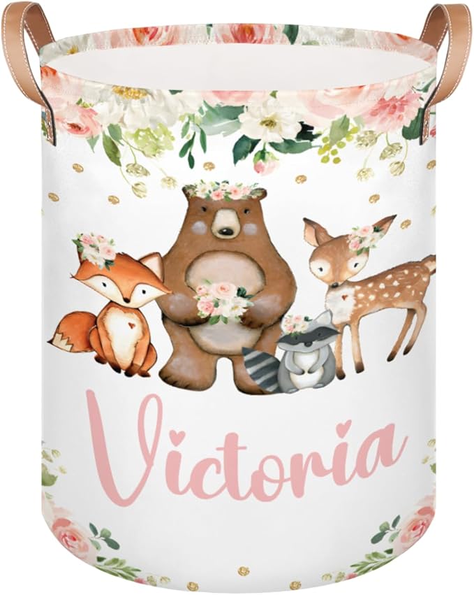 Personalized Laundry Basket, Custom Gift Laundry Hamper, Collapsible Nursery Waterproof Laundry Baskets, Dirty Clothes Toy Hamper with Handles Pretty Floral Woodland Animals