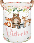 Personalized Laundry Basket, Custom Gift Laundry Hamper, Collapsible Nursery Waterproof Laundry Baskets, Dirty Clothes Toy Hamper with Handles Pretty Floral Woodland Animals