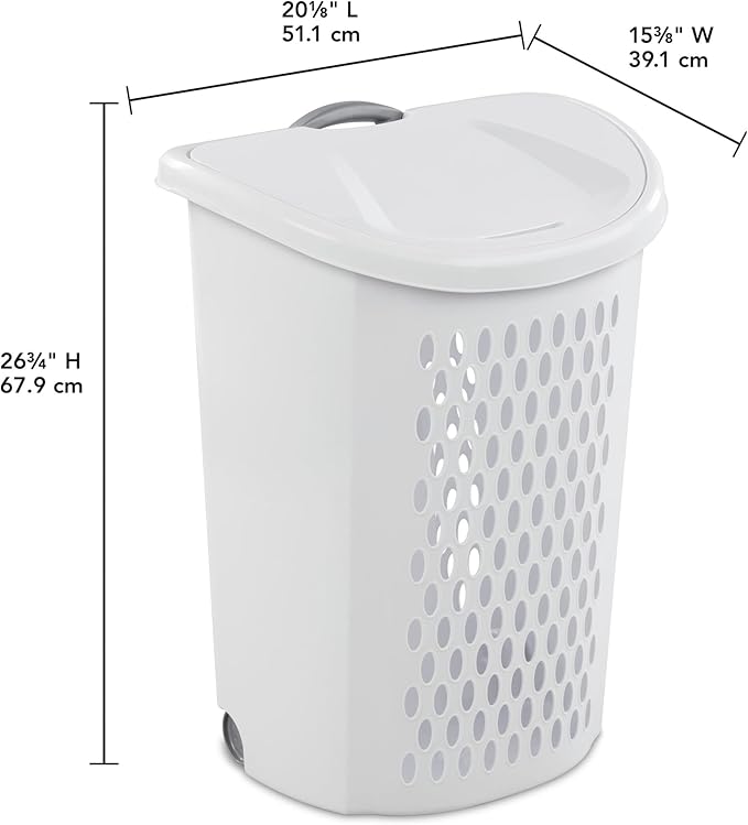 Basket Collection Lidded Wheeled Plastic Laundry Basket Adult-Sized with Handle - for Bedrooms, Dorm Rooms & Laundry Rooms, White
