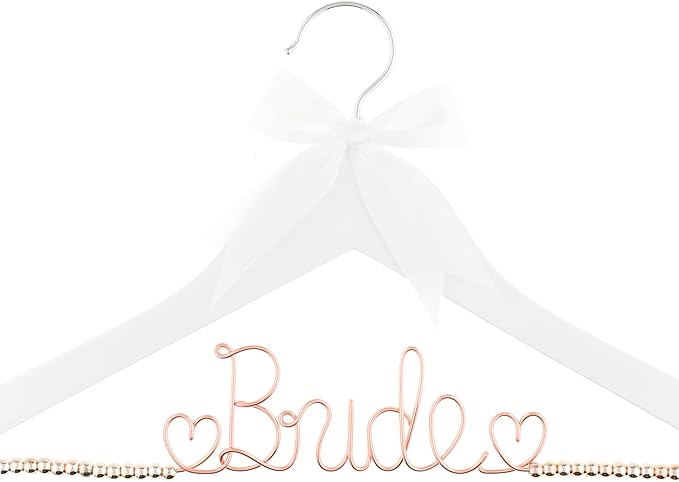 Ella Celebration Bride to Be Wedding Dress Hanger Wooden and Wire, Accented with Beads and a Bow Bridal Hangers for Brides (White with Rose Gold Wire and Rose Gold Beads)